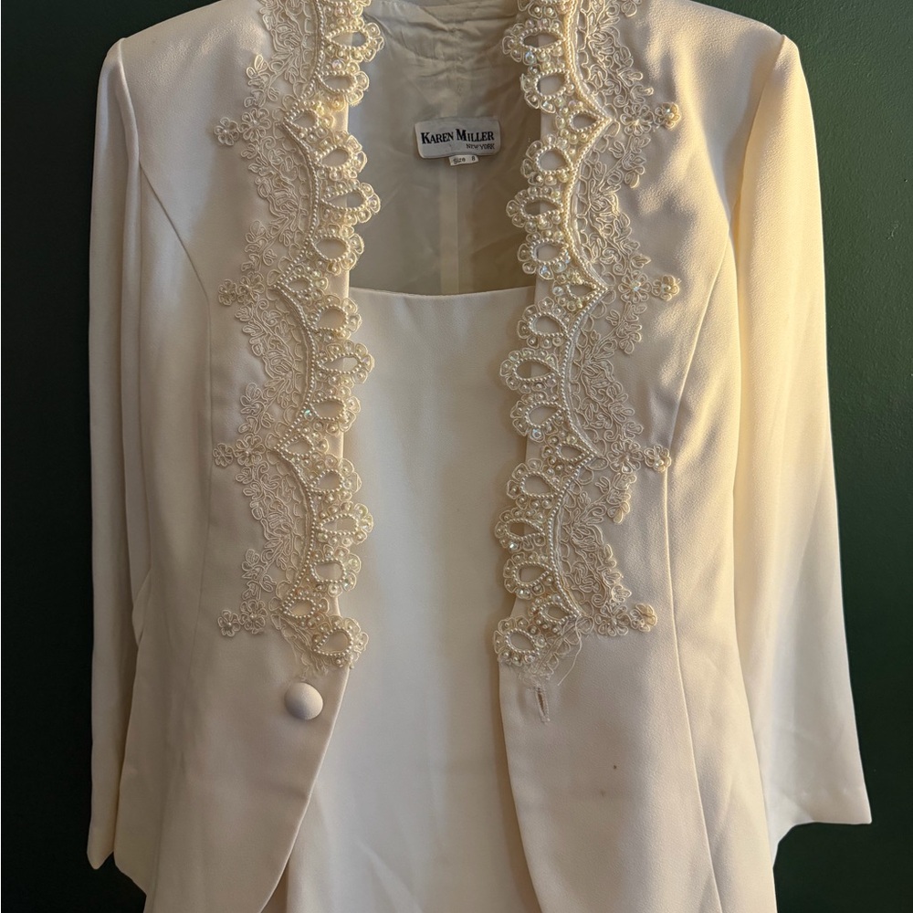 Karen Millen Cream Beaded Lace-Trimmed Mother of the Bride dress/jacket